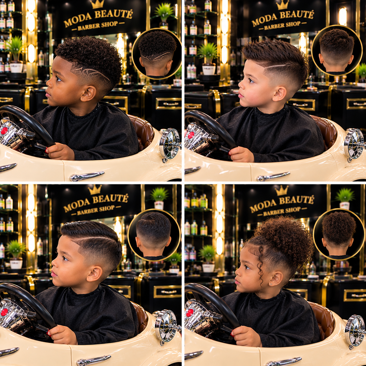Quatre coupes enfant réalisées au salon, garçons installés dans le fauteuil voiturette