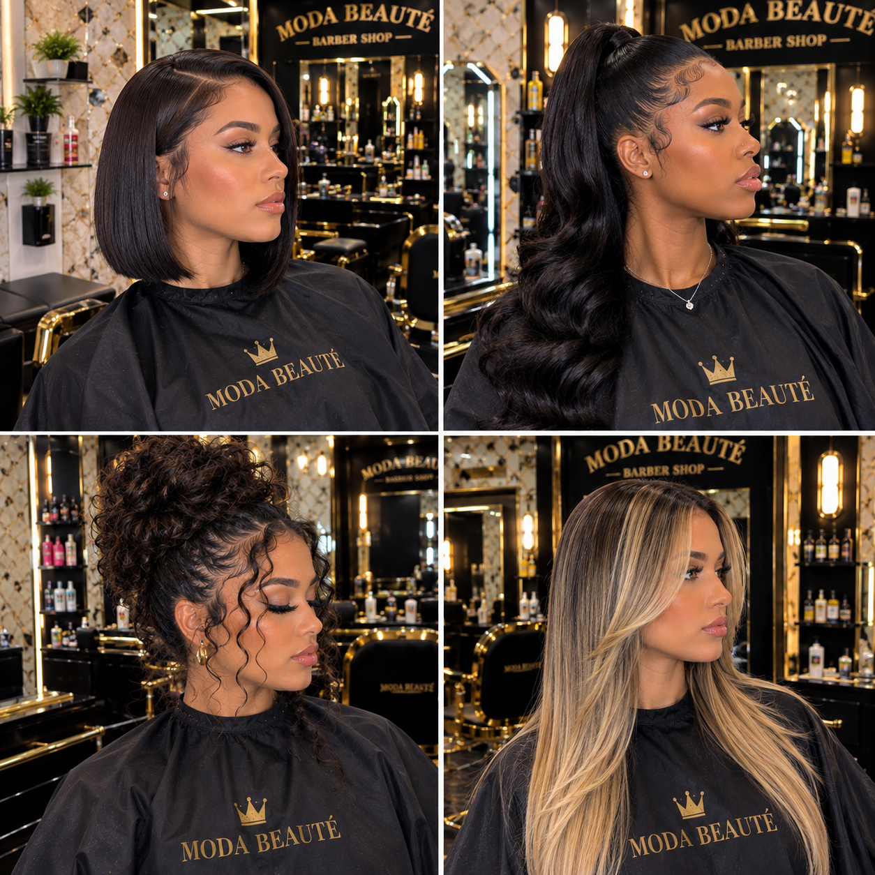 Quatre coiffures réalisées au salon : carré court, mi-attaché, chignon bouclé et longueurs avec reflets
