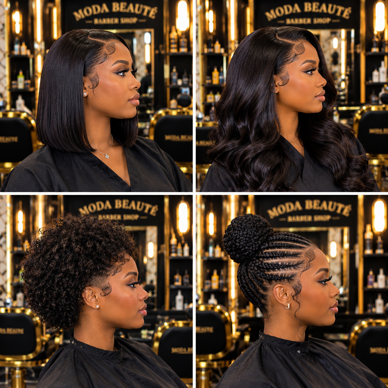 Quatre coiffures réalisées au salon : carré lisse, ondulations volumineuses, boucles courtes et chignon tressé