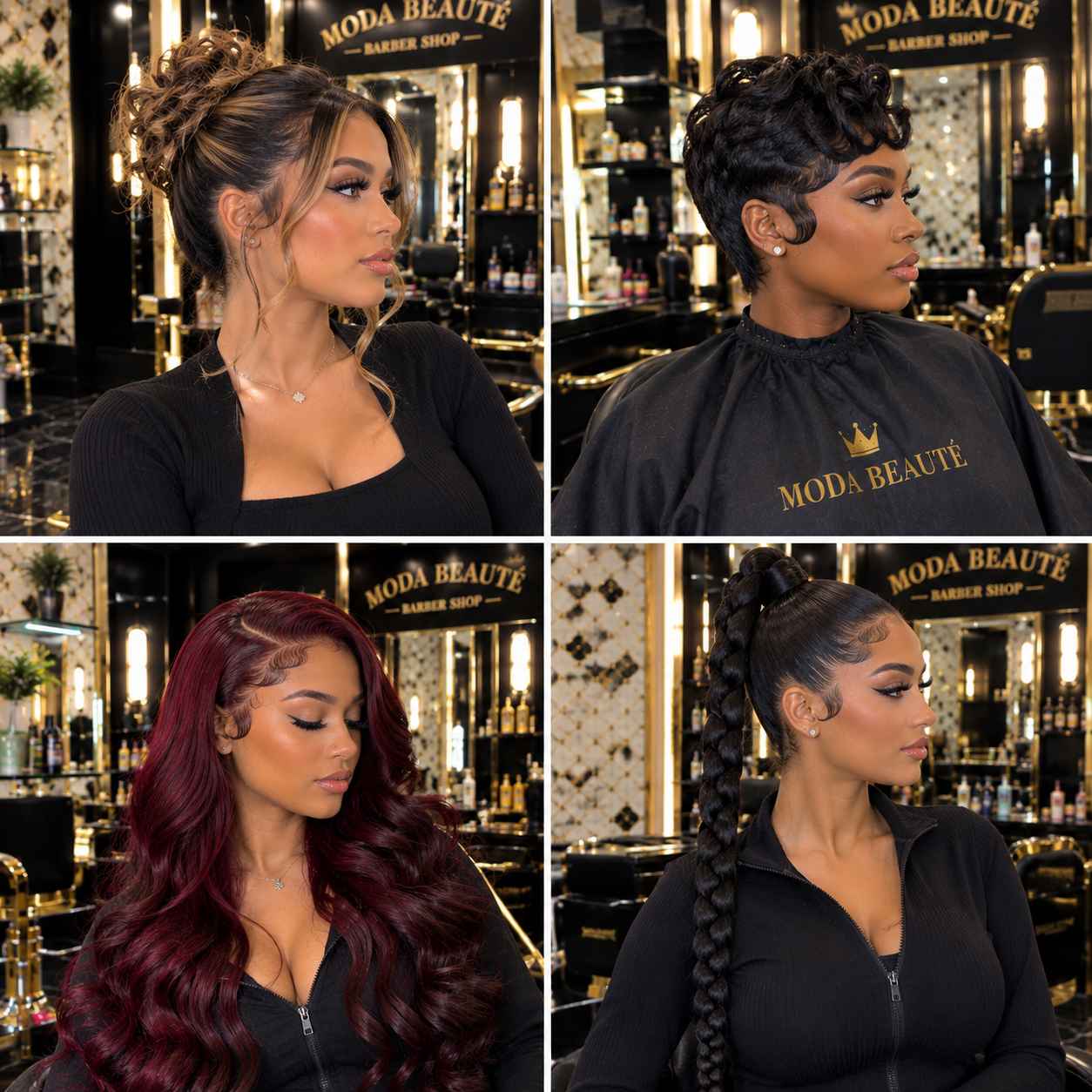 Quatre coiffures réalisées au salon : chignon texturé, coupe courte ondulée, ondulations rouge bordeaux et longue tresse