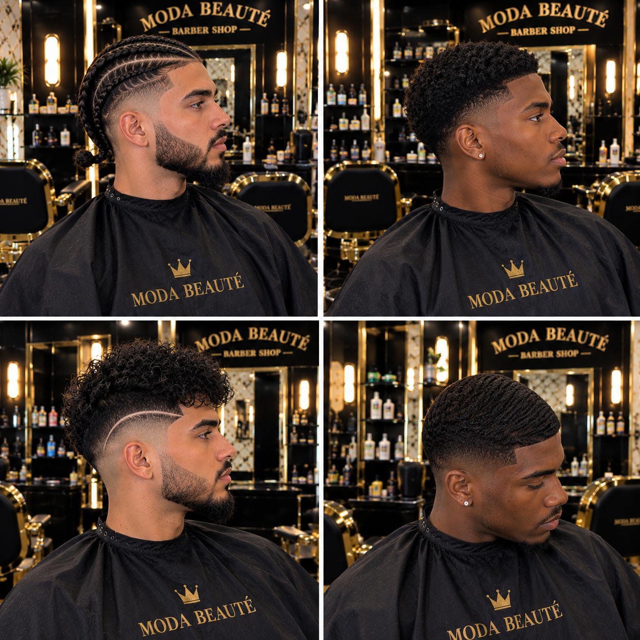 Quatre coiffures homme réalisées au salon : tresses attachées, dégradé texturé, boucles avec ligne rasée et waves