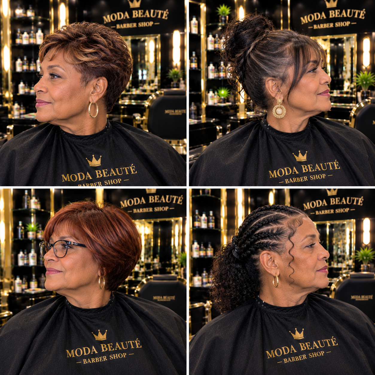 Quatre coiffures réalisées au salon : coupe courte dégradée, chignon bouclé, carré cuivré et tresses plaquées