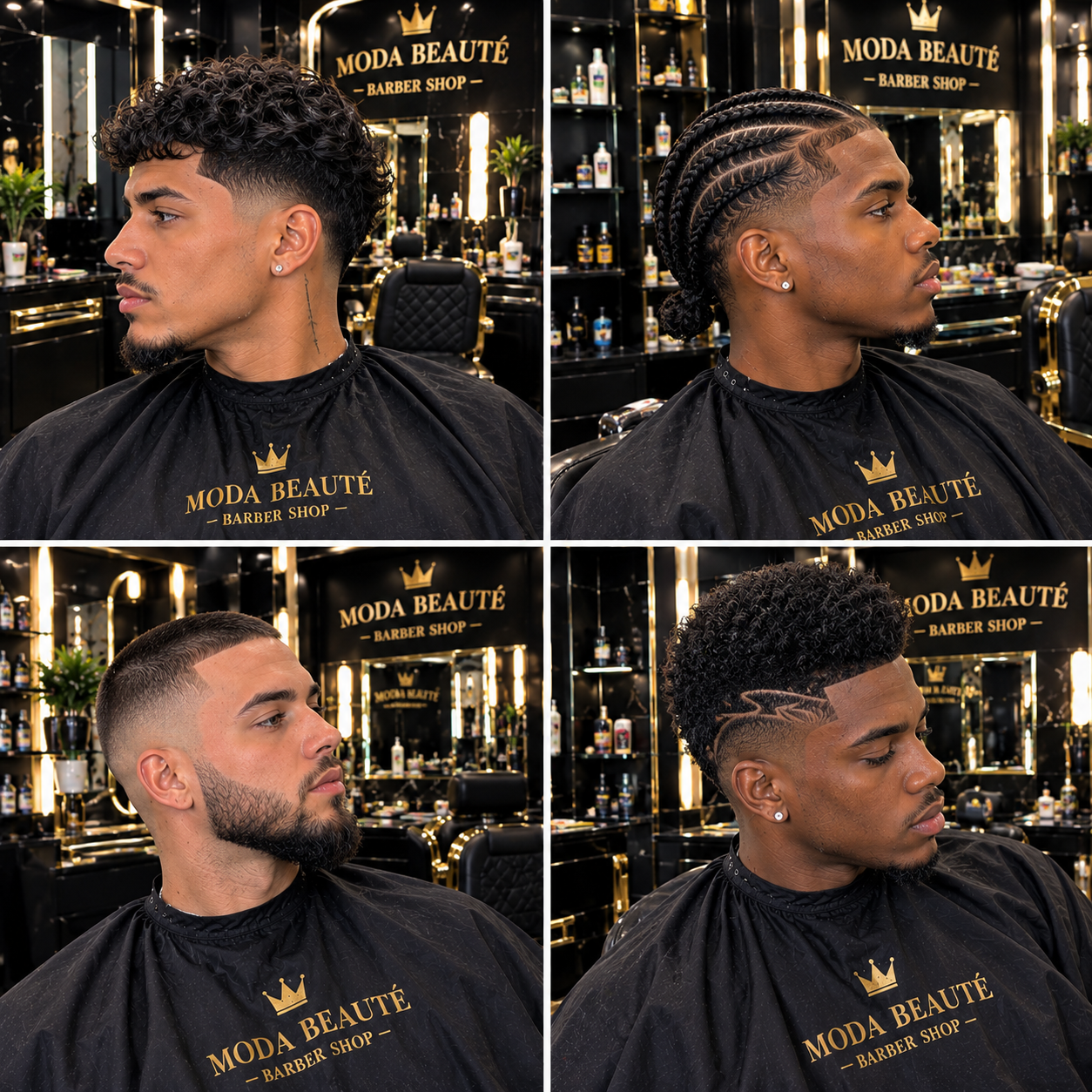 Quatre coupes homme réalisées au salon : dégradés, boucles, tresses collées et motif rasé, avec barbes taillées