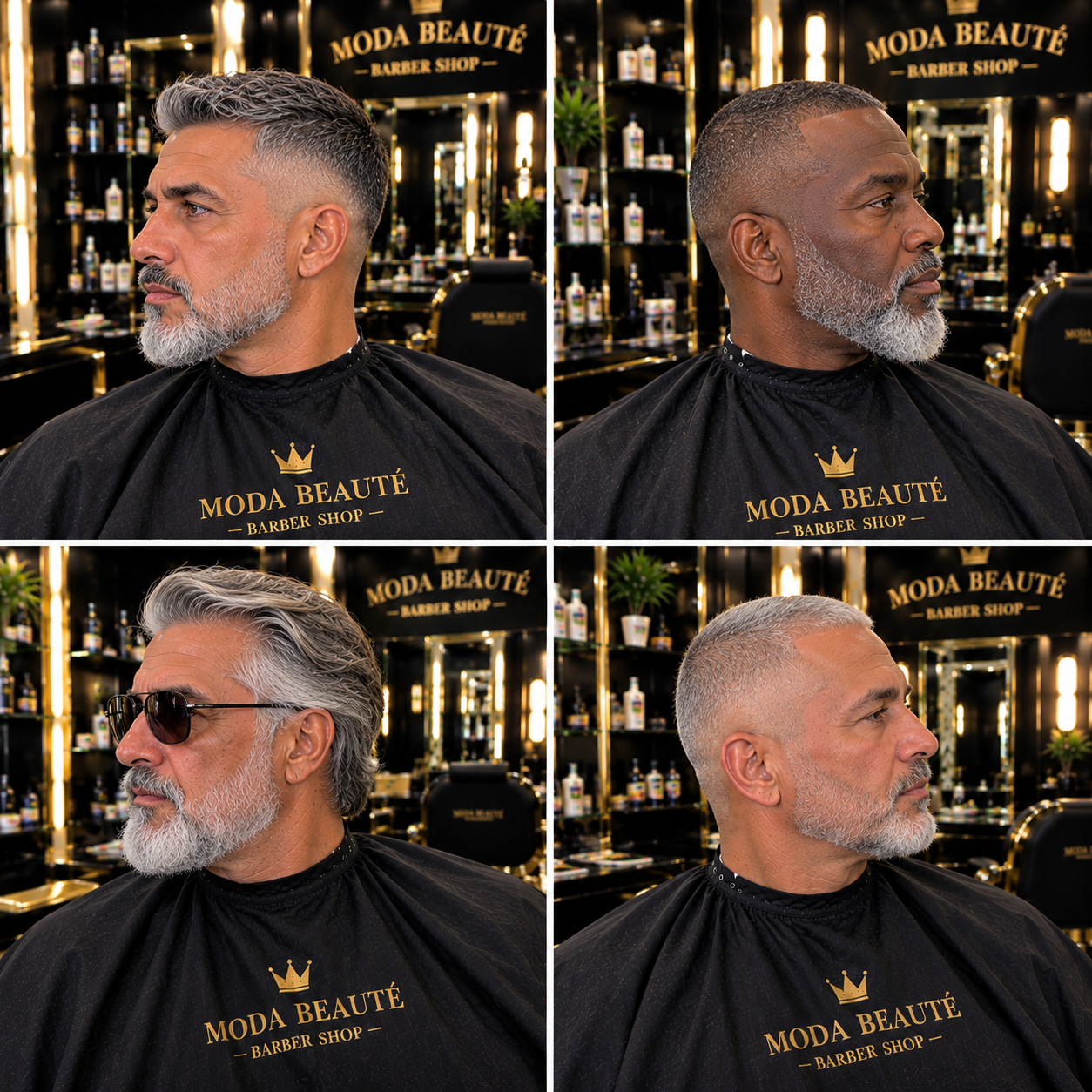 Quatre coupes et barbes poivre et sel réalisées au salon, styles courts et mi-longs brossés vers l’arrière