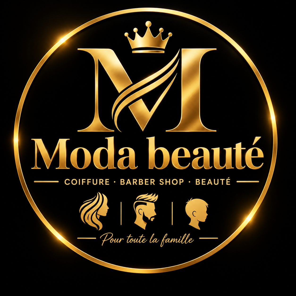 Logo doré MODA BEAUTE, coiffure, barber shop et beauté pour toute la famille