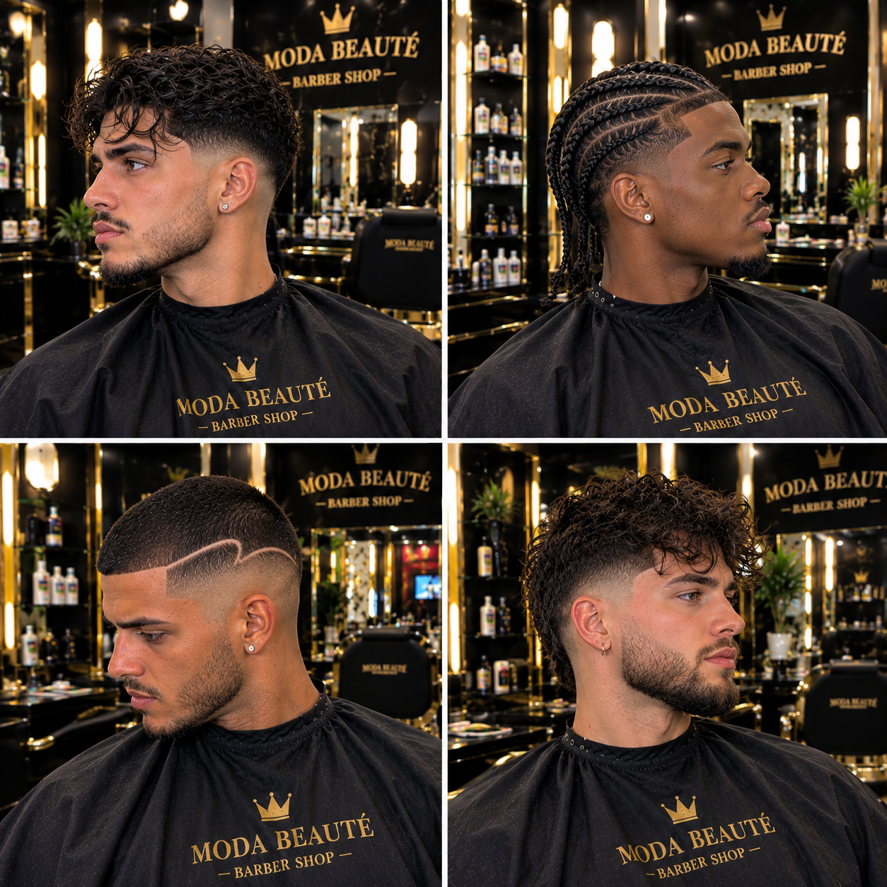 Quatre coiffures homme réalisées au salon : boucles texturées, tresses plaquées, coupe courte avec motif rasé et mulet moderne